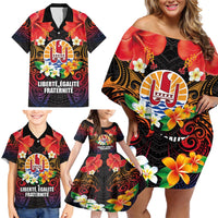 French Polynesia Bastille Day Family Matching Off Shoulder Short Dress and Hawaiian Shirt Tiare Flower and National Seal Polynesian Pattern LT03 - Polynesian Pride