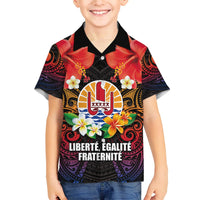 French Polynesia Bastille Day Family Matching Summer Maxi Dress and Hawaiian Shirt Tiare Flower and National Seal Polynesian Pattern LT03 Son's Shirt Black - Polynesian Pride