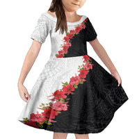 Hawaii Red Hibiscus Flowers Family Matching Off Shoulder Maxi Dress and Hawaiian Shirt Polynesian Pattern With Half Black White Version LT03 Daughter's Dress Black - Polynesian Pride