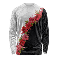 Hawaii Red Hibiscus Flowers Long Sleeve Shirt Polynesian Pattern With Half Black White Version