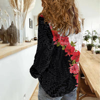 Hawaii Red Hibiscus Flowers Women Casual Shirt Polynesian Pattern With Half Black White Version