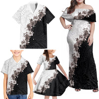 Hawaii Grayscale Hibiscus Flowers Family Matching Off Shoulder Maxi Dress and Hawaiian Shirt Polynesian Pattern With Half Black White Version LT03 - Polynesian Pride