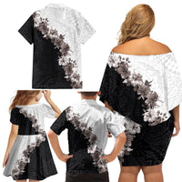 Hawaii Grayscale Hibiscus Flowers Family Matching Off Shoulder Short Dress and Hawaiian Shirt Polynesian Pattern With Half Black White Version