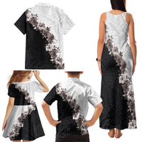Hawaii Grayscale Hibiscus Flowers Family Matching Tank Maxi Dress and Hawaiian Shirt Polynesian Pattern With Half Black White Version