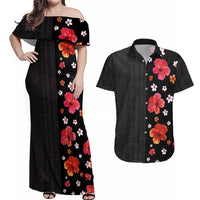 Hawaii Hibiscus and Plumeria Flowers Couples Matching Off Shoulder Maxi Dress and Hawaiian Shirt Tapa Tribal Pattern Half Style Colorful Mode LT03 Black - Polynesian Pride