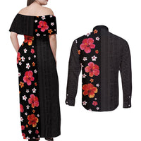 Hawaii Hibiscus and Plumeria Flowers Couples Matching Off Shoulder Maxi Dress and Long Sleeve Button Shirt Tapa Tribal Pattern Half Style Colorful Mode LT03 - Polynesian Pride