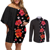 Hawaii Hibiscus and Plumeria Flowers Couples Matching Off Shoulder Short Dress and Long Sleeve Button Shirt Tapa Tribal Pattern Half Style Colorful Mode LT03 Black - Polynesian Pride