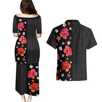 Hawaii Hibiscus and Plumeria Flowers Couples Matching Puletasi and Hawaiian Shirt Tapa Tribal Pattern Half Style Colorful Mode LT03 - Polynesian Pride