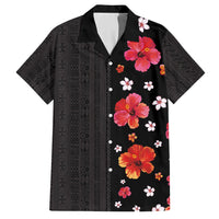 Hawaii Hibiscus and Plumeria Flowers Family Matching Off Shoulder Maxi Dress and Hawaiian Shirt Tapa Tribal Pattern Half Style Colorful Mode LT03 Dad's Shirt - Short Sleeve Black - Polynesian Pride