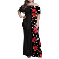 Hawaii Hibiscus and Plumeria Flowers Family Matching Off Shoulder Maxi Dress and Hawaiian Shirt Tapa Tribal Pattern Half Style Colorful Mode LT03 Mom's Dress Black - Polynesian Pride