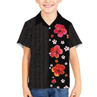Hawaii Hibiscus and Plumeria Flowers Kid Hawaiian Shirt Tapa Tribal Pattern Half Style Colorful Mode LT03 Kid Black - Polynesian Pride