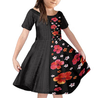 Hawaii Hibiscus and Plumeria Flowers Kid Short Sleeve Dress Tapa Tribal Pattern Half Style Colorful Mode LT03 KID Black - Polynesian Pride