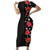 Hawaii Hibiscus and Plumeria Flowers Short Sleeve Bodycon Dress Tapa Tribal Pattern Half Style Colorful Mode LT03 Long Dress Black - Polynesian Pride