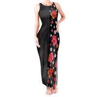 Hawaii Hibiscus and Plumeria Flowers Tank Maxi Dress Tapa Tribal Pattern Half Style Colorful Mode LT03 Women Black - Polynesian Pride