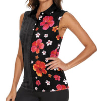 Hawaii Hibiscus and Plumeria Flowers Women Sleeveless Polo Shirt Tapa Tribal Pattern Half Style Colorful Mode LT03 - Polynesian Pride
