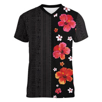 Hawaii Hibiscus and Plumeria Flowers Women V-Neck T-Shirt Tapa Tribal Pattern Half Style Colorful Mode LT03 Female Black - Polynesian Pride