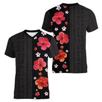 Hawaii Hibiscus and Plumeria Flowers Women V-Neck T-Shirt Tapa Tribal Pattern Half Style Colorful Mode LT03 - Polynesian Pride