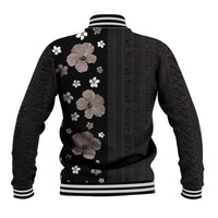 Hawaii Hibiscus and Plumeria Flowers Baseball Jacket Tapa Tribal Pattern Half Style Grayscale Mode