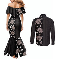 Hawaii Hibiscus and Plumeria Flowers Couples Matching Mermaid Dress and Long Sleeve Button Shirt Tapa Tribal Pattern Half Style Grayscale Mode LT03 - Polynesian Pride