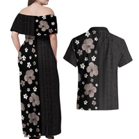 Hawaii Hibiscus and Plumeria Flowers Couples Matching Off Shoulder Maxi Dress and Hawaiian Shirt Tapa Tribal Pattern Half Style Grayscale Mode LT03 - Polynesian Pride