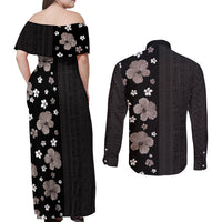 Hawaii Hibiscus and Plumeria Flowers Couples Matching Off Shoulder Maxi Dress and Long Sleeve Button Shirt Tapa Tribal Pattern Half Style Grayscale Mode LT03 - Polynesian Pride