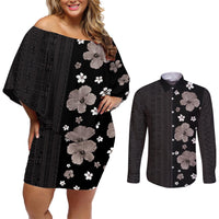 Hawaii Hibiscus and Plumeria Flowers Couples Matching Off Shoulder Short Dress and Long Sleeve Button Shirt Tapa Tribal Pattern Half Style Grayscale Mode LT03 Black - Polynesian Pride