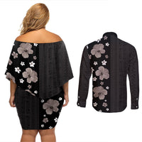 Hawaii Hibiscus and Plumeria Flowers Couples Matching Off Shoulder Short Dress and Long Sleeve Button Shirt Tapa Tribal Pattern Half Style Grayscale Mode LT03 - Polynesian Pride
