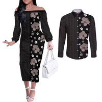 Hawaii Hibiscus and Plumeria Flowers Couples Matching Off The Shoulder Long Sleeve Dress and Long Sleeve Button Shirt Tapa Tribal Pattern Half Style Grayscale Mode LT03 Black - Polynesian Pride