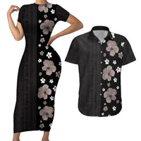 Hawaii Hibiscus and Plumeria Flowers Couples Matching Short Sleeve Bodycon Dress and Hawaiian Shirt Tapa Tribal Pattern Half Style Grayscale Mode LT03 Black - Polynesian Pride