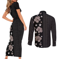 Hawaii Hibiscus and Plumeria Flowers Couples Matching Short Sleeve Bodycon Dress and Long Sleeve Button Shirt Tapa Tribal Pattern Half Style Grayscale Mode LT03 - Polynesian Pride