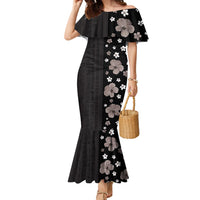 Hawaii Hibiscus and Plumeria Flowers Family Matching Mermaid Dress and Hawaiian Shirt Tapa Tribal Pattern Half Style Grayscale Mode LT03 Mom's Dress Black - Polynesian Pride