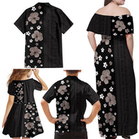 Hawaii Hibiscus and Plumeria Flowers Family Matching Off Shoulder Maxi Dress and Hawaiian Shirt Tapa Tribal Pattern Half Style Grayscale Mode LT03 - Polynesian Pride