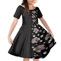 Hawaii Hibiscus and Plumeria Flowers Family Matching Puletasi and Hawaiian Shirt Tapa Tribal Pattern Half Style Grayscale Mode LT03 Daughter's Dress Black - Polynesian Pride