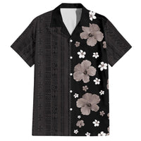 Hawaii Hibiscus and Plumeria Flowers Family Matching Puletasi and Hawaiian Shirt Tapa Tribal Pattern Half Style Grayscale Mode LT03 Dad's Shirt - Short Sleeve Black - Polynesian Pride