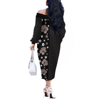 Hawaii Hibiscus and Plumeria Flowers Off The Shoulder Long Sleeve Dress Tapa Tribal Pattern Half Style Grayscale Mode LT03 - Polynesian Pride