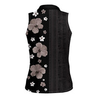 Hawaii Hibiscus and Plumeria Flowers Women Sleeveless Polo Shirt Tapa Tribal Pattern Half Style Grayscale Mode LT03 - Polynesian Pride