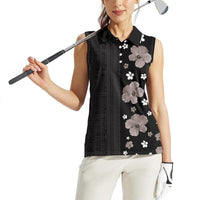 Hawaii Hibiscus and Plumeria Flowers Women Sleeveless Polo Shirt Tapa Tribal Pattern Half Style Grayscale Mode LT03 - Polynesian Pride