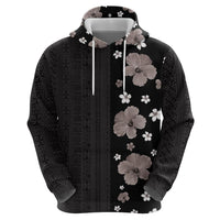Hawaii Hibiscus and Plumeria Flowers Zip Hoodie Tapa Tribal Pattern Half Style Grayscale Mode