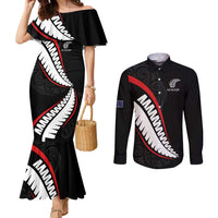 New Zealand Rugby Custom Couples Matching Mermaid Dress and Long Sleeve Button Shirt Sporty Silver Fern Shape with Maori Tattoos LT03 Black - Polynesian Pride
