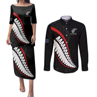 New Zealand Rugby Custom Couples Matching Puletasi and Long Sleeve Button Shirt Sporty Silver Fern Shape with Maori Tattoos LT03 Black - Polynesian Pride