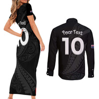 New Zealand Rugby Custom Couples Matching Short Sleeve Bodycon Dress and Long Sleeve Button Shirt Sporty Silver Fern Shape with Maori Tattoos LT03 - Polynesian Pride