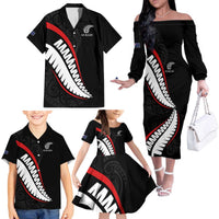 New Zealand Rugby Custom Family Matching Off The Shoulder Long Sleeve Dress and Hawaiian Shirt Sporty Silver Fern Shape with Maori Tattoos LT03 - Polynesian Pride