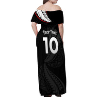 New Zealand Rugby Custom Family Matching Off Shoulder Maxi Dress and Hawaiian Shirt Sporty Silver Fern Shape with Maori Tattoos LT03 - Polynesian Pride