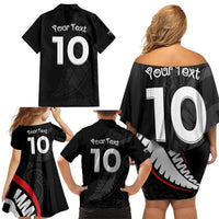 New Zealand Rugby Custom Family Matching Off Shoulder Short Dress and Hawaiian Shirt Sporty Silver Fern Shape with Maori Tattoos LT03 - Polynesian Pride