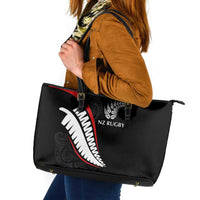 New Zealand Rugby Leather Tote Bag Sporty Silver Fern Shape with Maori Tattoos LT03 Black - Polynesian Pride