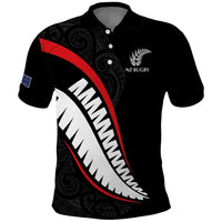 New Zealand Rugby Custom Polo Shirt Sporty Silver Fern Shape with Maori Tattoos LT03 Black - Polynesian Pride