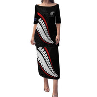 New Zealand Rugby Custom Puletasi Sporty Silver Fern Shape with Maori Tattoos LT03 Long Dress Black - Polynesian Pride