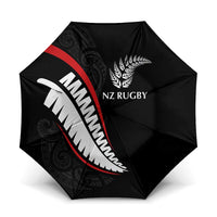 New Zealand Rugby Umbrella Sporty Silver Fern Shape with Maori Tattoos LT03 One Size Folded 11.42 inch Opened Diameter 37.4 inch Black - Polynesian Pride