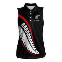 New Zealand Rugby Custom Women Sleeveless Polo Shirt Sporty Silver Fern Shape with Maori Tattoos LT03 Female Black - Polynesian Pride