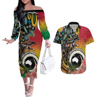 Vanuatu and Australia Together Couples Matching Off The Shoulder Long Sleeve Dress and Hawaiian Shirt Kangaroo with Pig Tusk Indigenous Pattern LT03 Black - Polynesian Pride